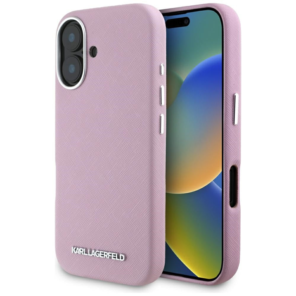 MagSafe hoesje voor Apple iPhone 16, Karl Lagerfeld, Saffiano Volledig Omhuld Verlengd Metalen Logo, Roze
