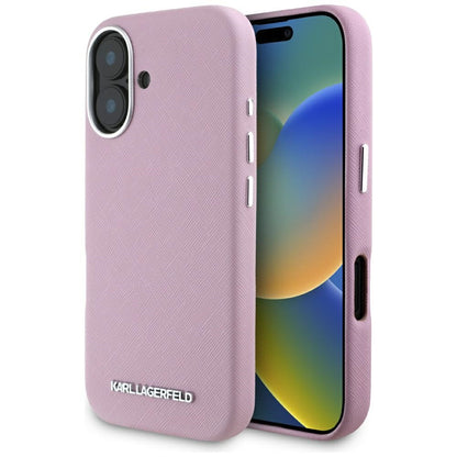 MagSafe hoesje voor Apple iPhone 16, Karl Lagerfeld, Saffiano Volledig Omhuld Verlengd Metalen Logo, Roze