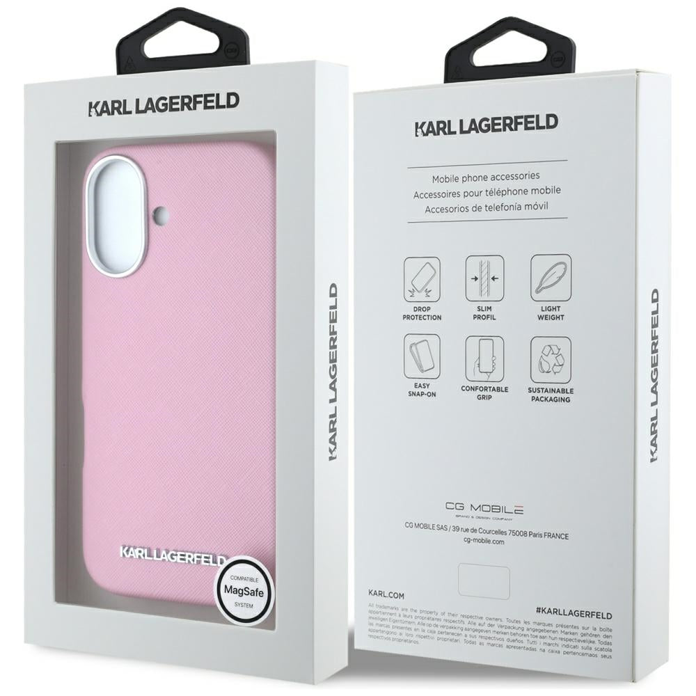 MagSafe hoesje voor Apple iPhone 16, Karl Lagerfeld, Saffiano Volledig Omhuld Verlengd Metalen Logo, Roze