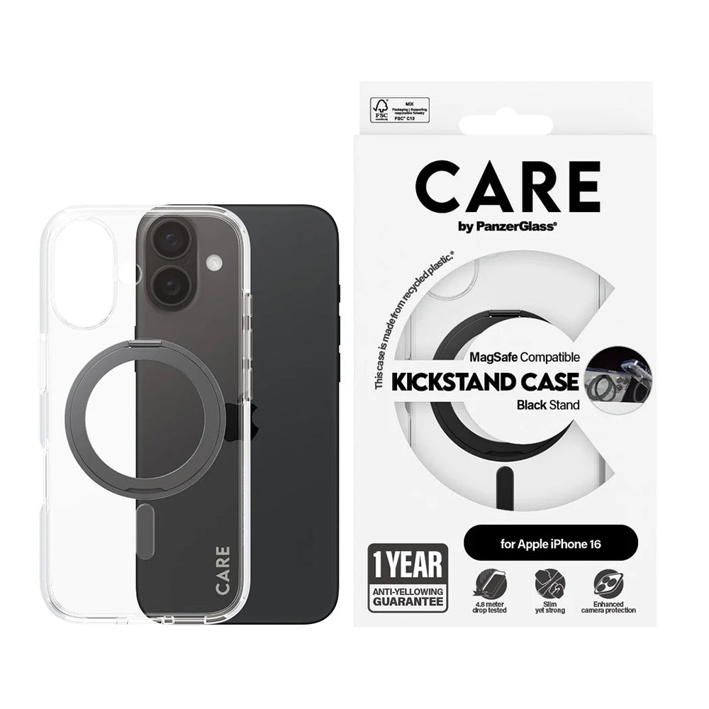 MagSafe hoesje voor Apple iPhone 16, PanzerGlass, Care Feature Kickstand, Transparant Zwart