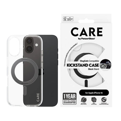 MagSafe hoesje voor Apple iPhone 16, PanzerGlass, Care Feature Kickstand, Transparant Zwart