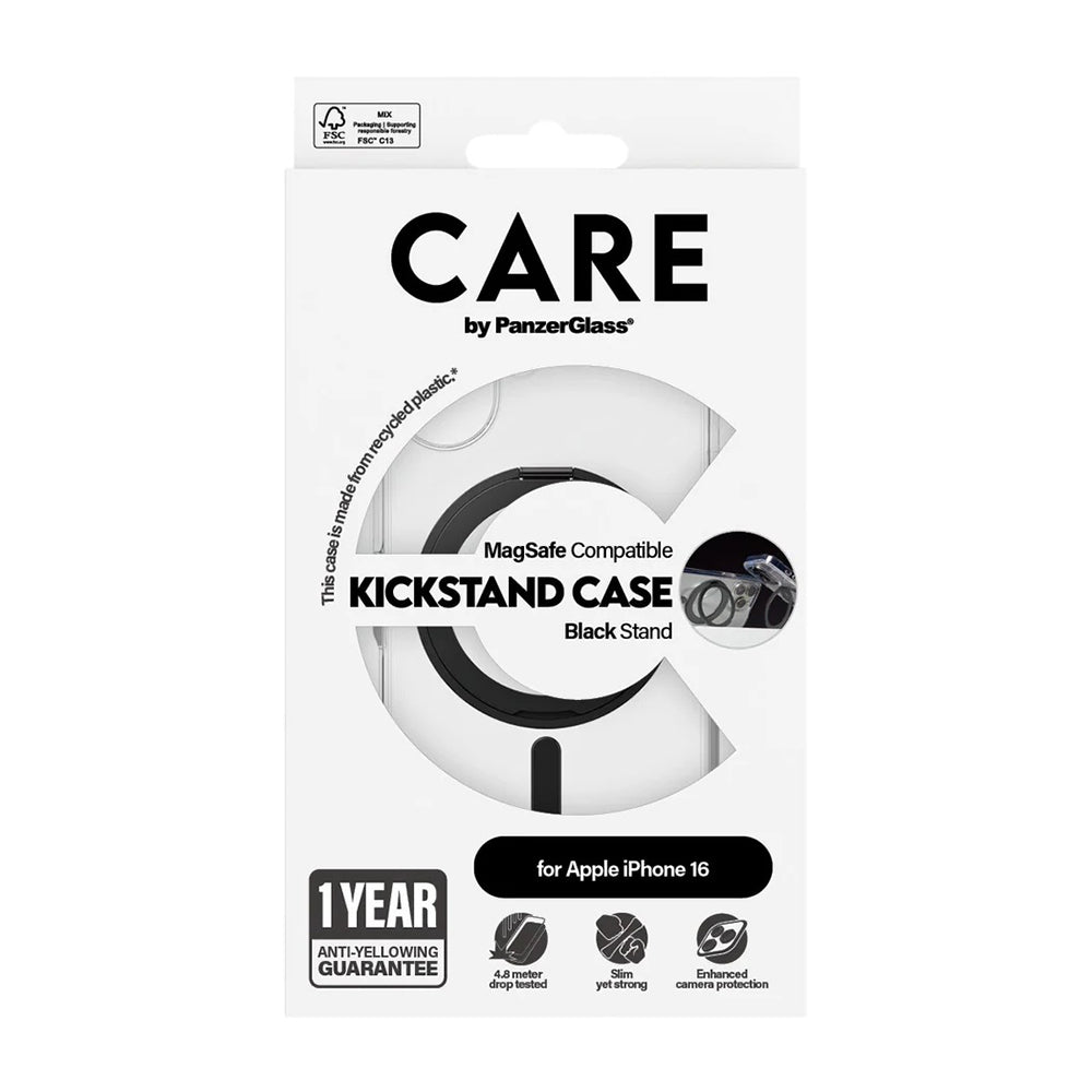 MagSafe hoesje voor Apple iPhone 16, PanzerGlass, Care Feature Kickstand, Transparant Zwart
