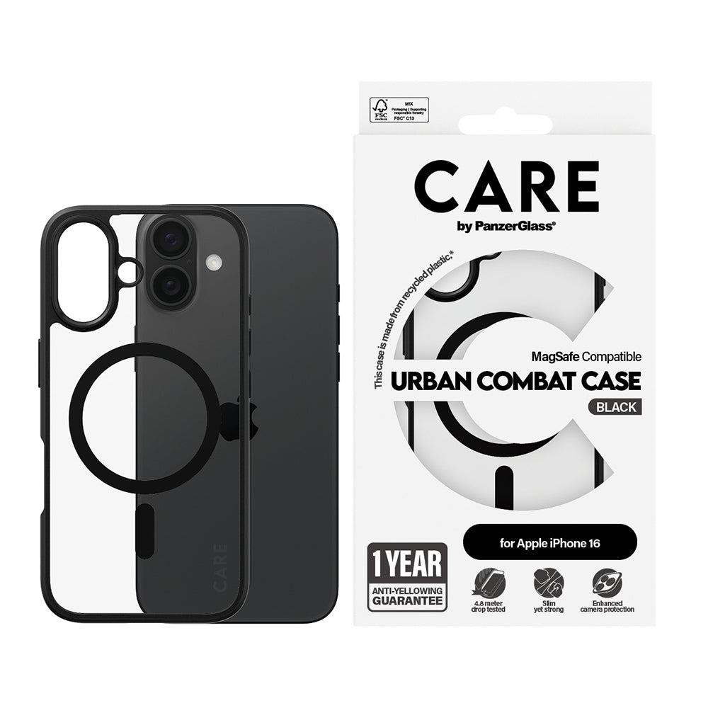MagSafe hoes voor Apple iPhone 16, PanzerGlass, Care Urban Combat, Transparant Zwart