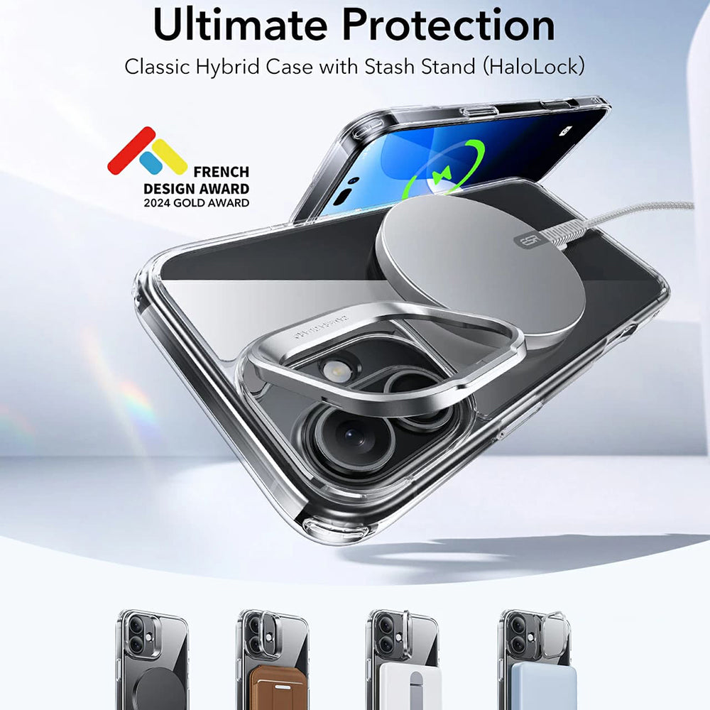 MagSafe Case for Apple iPhone 16 Plus, ESR, Classic Hybrid Kickstand, Black Transparent