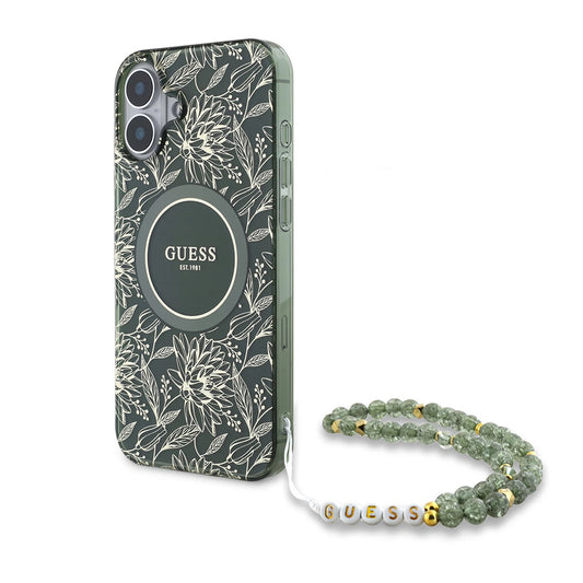 MagSafe hoesje voor Apple iPhone 16 Plus, Guess, IML Flowers Allover Electroplated with Pearl Strap, Groen