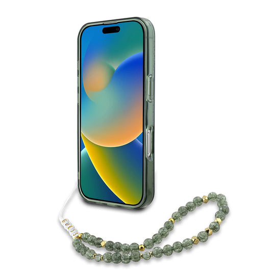 MagSafe hoesje voor Apple iPhone 16 Plus, Guess, IML Flowers Allover Electroplated with Pearl Strap, Groen