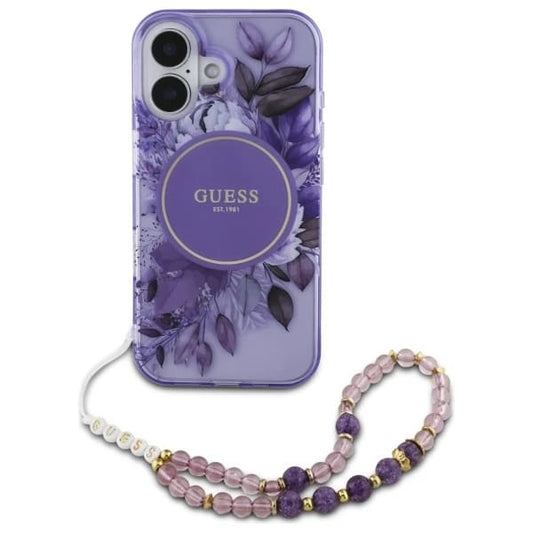MagSafe hoesje voor Apple iPhone 16 Plus, Guess, IML Flowers with Pearl Strap, Paars