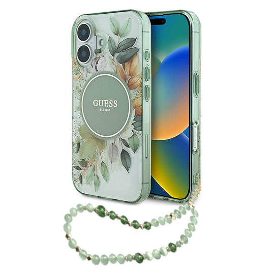 MagSafe hoesje voor Apple iPhone 16 Plus, Guess, IML Flowers with Pearl Strap, Groen