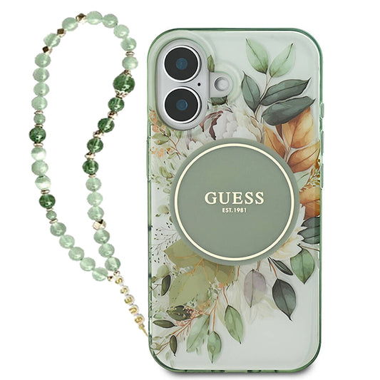 MagSafe hoesje voor Apple iPhone 16 Plus, Guess, IML Flowers with Pearl Strap, Groen
