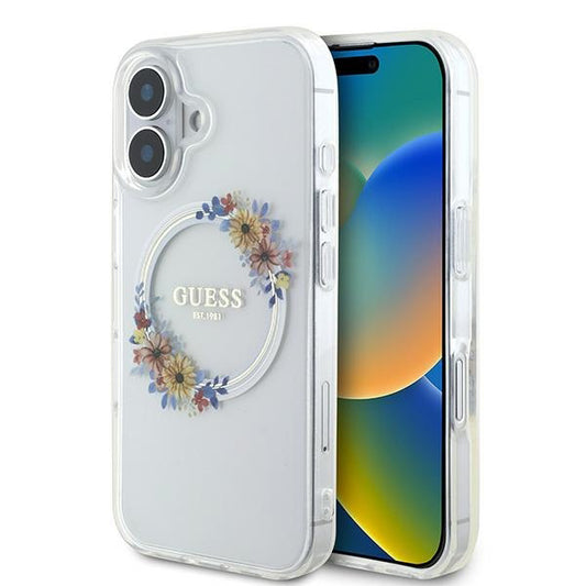 MagSafe hoesje voor Apple iPhone 16 Plus, Guess, IML Flowers Wreath, Transparant