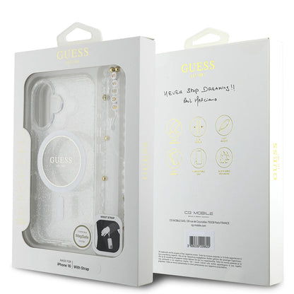 MagSafe hoesje voor Apple iPhone 16 Plus, Guess, IML Glitter met Parelband, Transparant