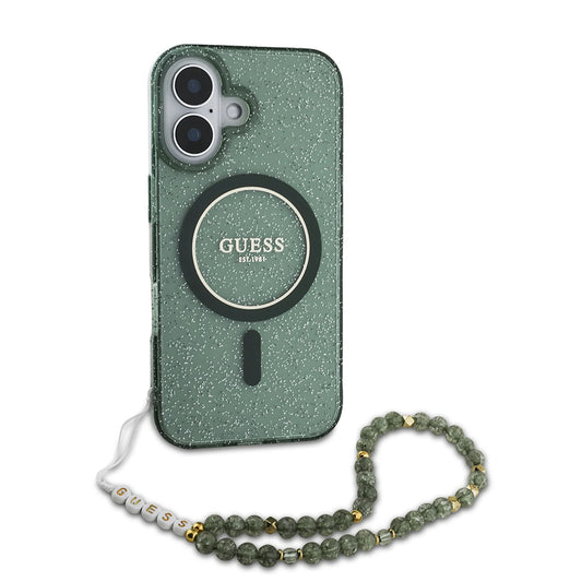 MagSafe hoesje voor Apple iPhone 16 Plus, Guess, IML Glitter met Parelband, Groen