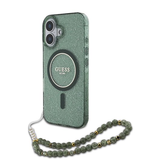 MagSafe hoesje voor Apple iPhone 16 Plus, Guess, IML Glitter met Parelband, Groen