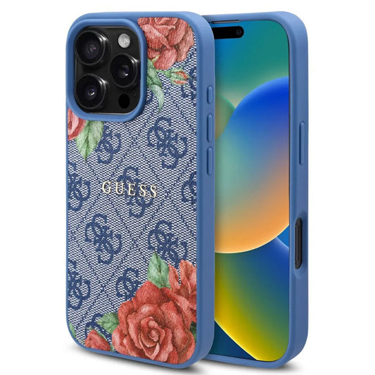 MagSafe hoesje voor Apple iPhone 16 Pro, Guess, 4G Flowers Print, Blauw