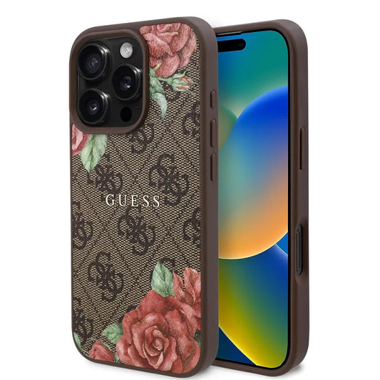MagSafe hoesje voor Apple iPhone 16 Pro, Guess, 4G Flowers Print, Bruin