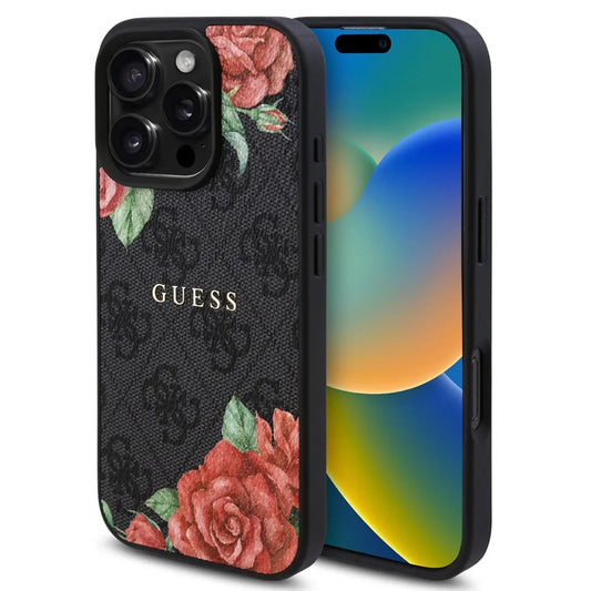 MagSafe hoesje voor Apple iPhone 16 Pro, Guess, 4G Flowers Print, Zwart