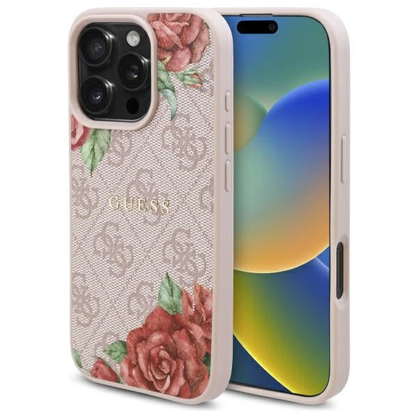 MagSafe hoesje voor Apple iPhone 16 Pro, Guess, 4G Flowers Print, Roze