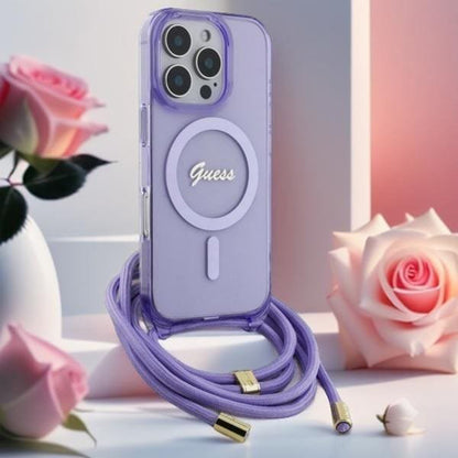 MagSafe hoesje voor Apple iPhone 16 Pro, Guess, IML Crossbody Cord Script, Paars