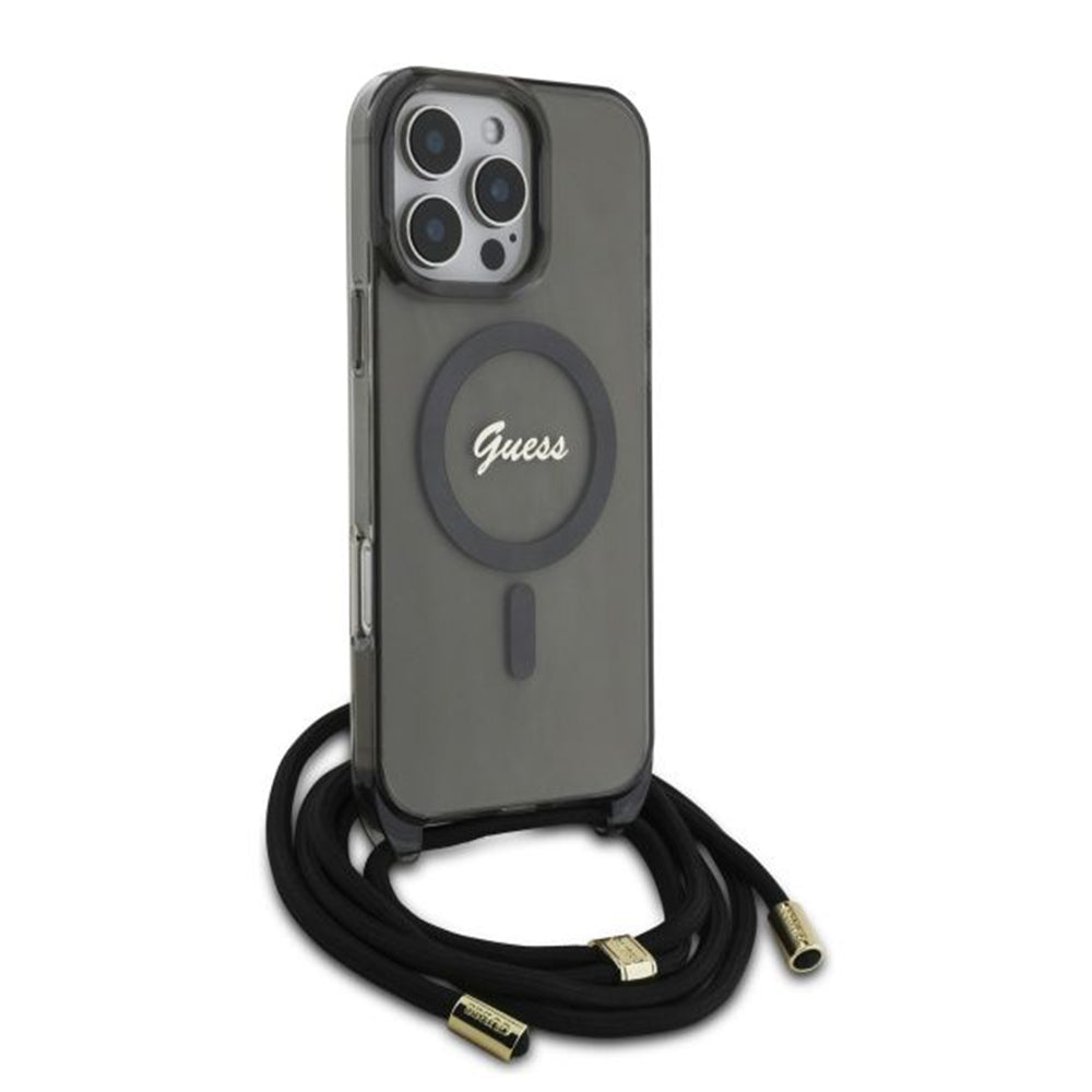 MagSafe hoesje voor Apple iPhone 16 Pro, Guess, IML Crossbody Cord Script, Zwart
