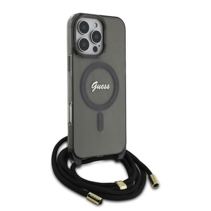 MagSafe hoesje voor Apple iPhone 16 Pro, Guess, IML Crossbody Cord Script, Zwart
