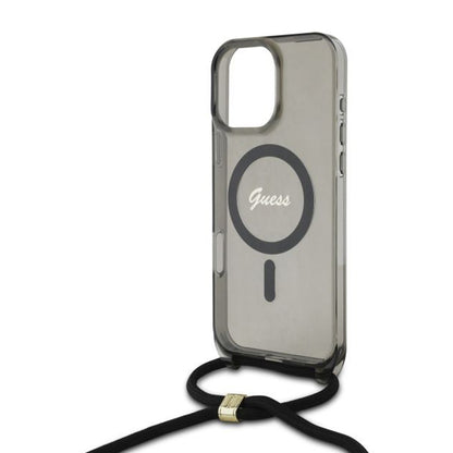 MagSafe hoesje voor Apple iPhone 16 Pro, Guess, IML Crossbody Cord Script, Zwart