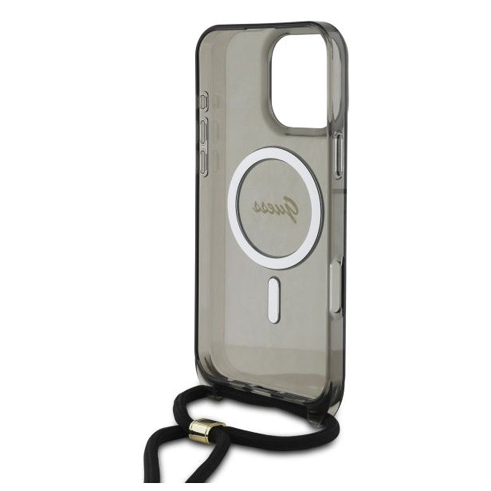 MagSafe hoesje voor Apple iPhone 16 Pro, Guess, IML Crossbody Cord Script, Zwart