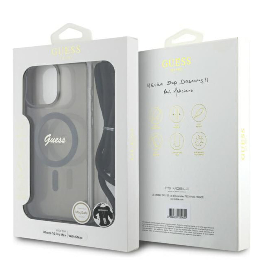 MagSafe hoesje voor Apple iPhone 16 Pro, Guess, IML Crossbody Cord Script, Zwart