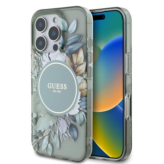 MagSafe hoesje voor Apple iPhone 16 Pro, Guess, IML Flower & Tonal Circle, Groen