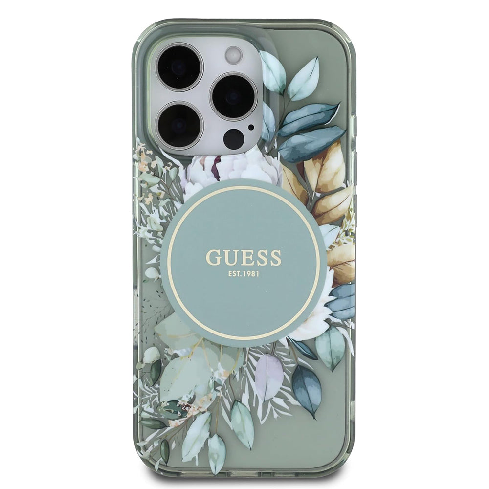 MagSafe Case for Apple iPhone 16 Pro, Guess, IML Flower & Tonal Circle, Green