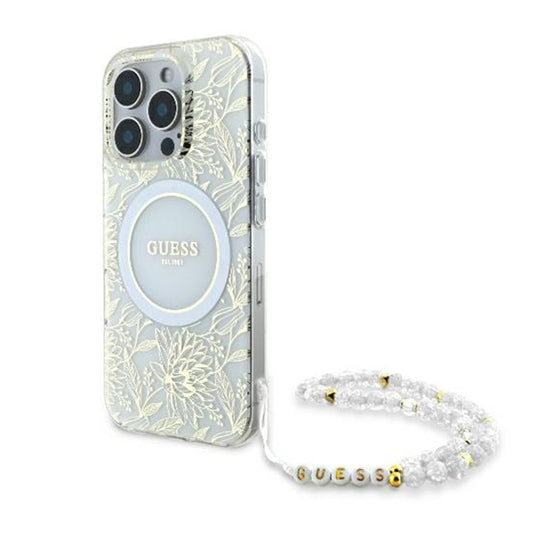 MagSafe hoesje voor Apple iPhone 16 Pro, Guess, IML Flowers Allover Electroplated with Pearl Strap, Wit