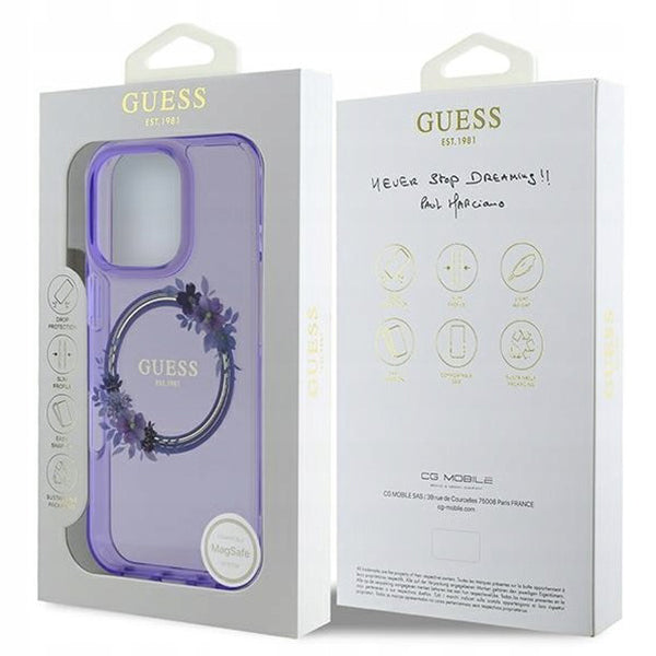 MagSafe Case for Apple iPhone 16 Pro, Guess, IML Flowers Wreath, Purple