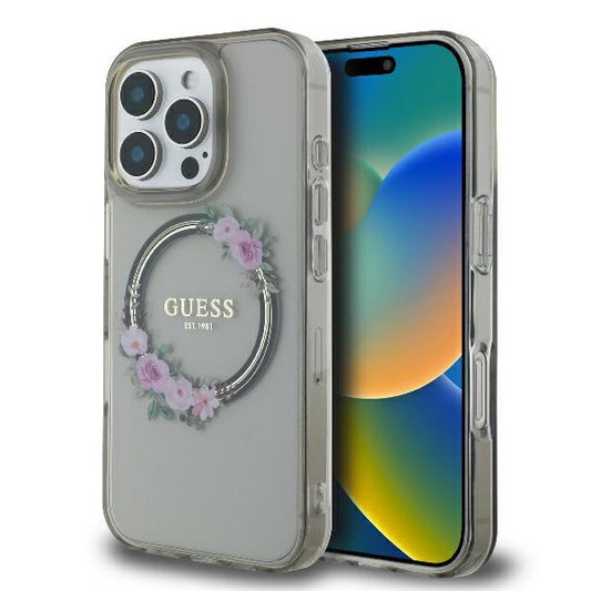 MagSafe hoes voor Apple iPhone 16 Pro, Guess, IML Flowers Wreath, Zwart