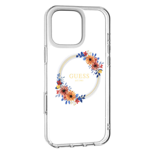 MagSafe hoesje voor Apple iPhone 16 Pro, Guess, IML Flowers Wreath, Transparant