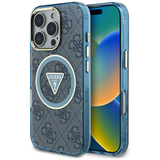 MagSafe hoesje voor Apple iPhone 16 Pro, Guess, IML Glitter 4G Circle Triangle, Blauw