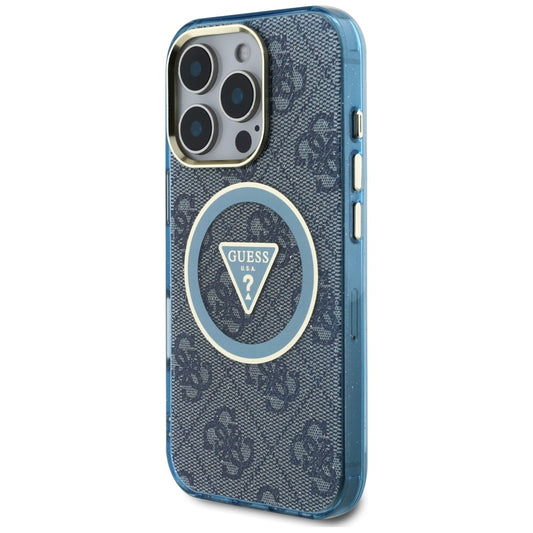 MagSafe hoesje voor Apple iPhone 16 Pro, Guess, IML Glitter 4G Circle Triangle, Blauw