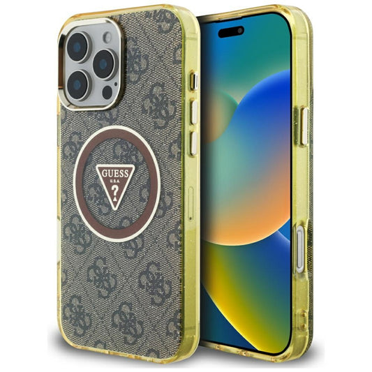 MagSafe hoesje voor Apple iPhone 16 Pro, Guess, IML Glitter 4G Circle Triangle, Bruin