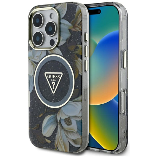 MagSafe hoes voor Apple iPhone 16 Pro, Guess, IML Metal Glitter Flowers Triangle, Zwart