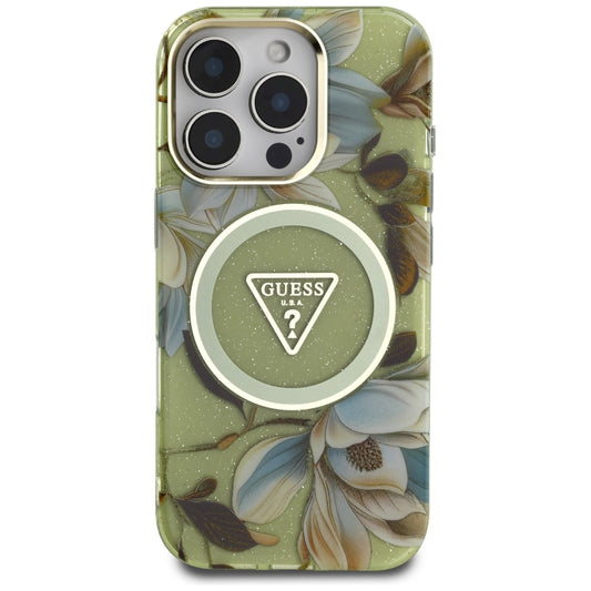 MagSafe hoesje voor Apple iPhone 16 Pro, Guess, IML Metal Glitter Flowers Triangle, Groen