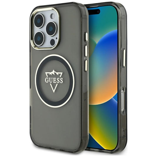 MagSafe hoesje voor Apple iPhone 16 Pro, Guess, IML Metal Mountain Logo, Zwart