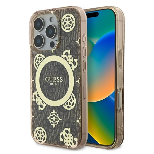 MagSafe hoesje voor Apple iPhone 16 Pro, Guess, IML Peony On 4G Background, Bruin