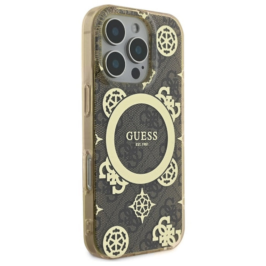 MagSafe hoesje voor Apple iPhone 16 Pro, Guess, IML Peony On 4G Background, Bruin