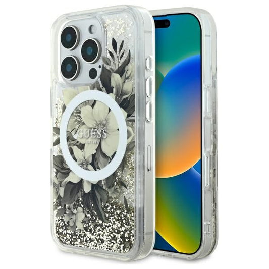 MagSafe hoesje voor Apple iPhone 16 Pro, Guess, Liquid Glitter Flower, Beige