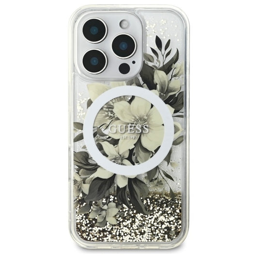 MagSafe hoesje voor Apple iPhone 16 Pro, Guess, Liquid Glitter Flower, Beige