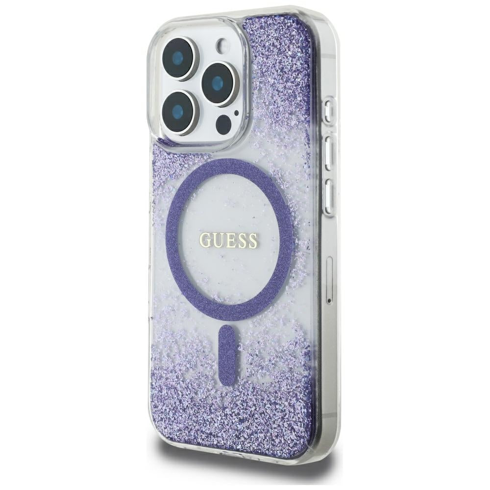 Hoes MagSafe voor Apple iPhone 16 Pro, Guess, Resin Bottom Glitter, Paars