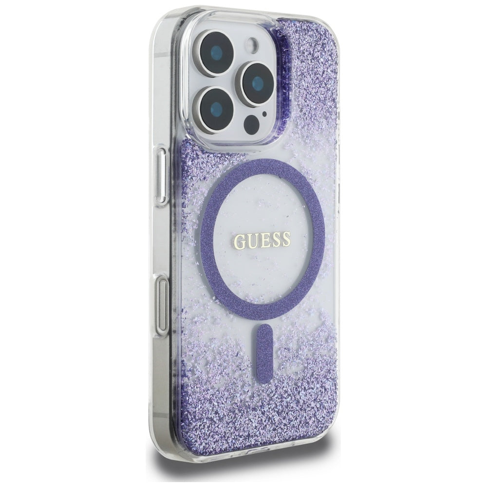Hoes MagSafe voor Apple iPhone 16 Pro, Guess, Resin Bottom Glitter, Paars