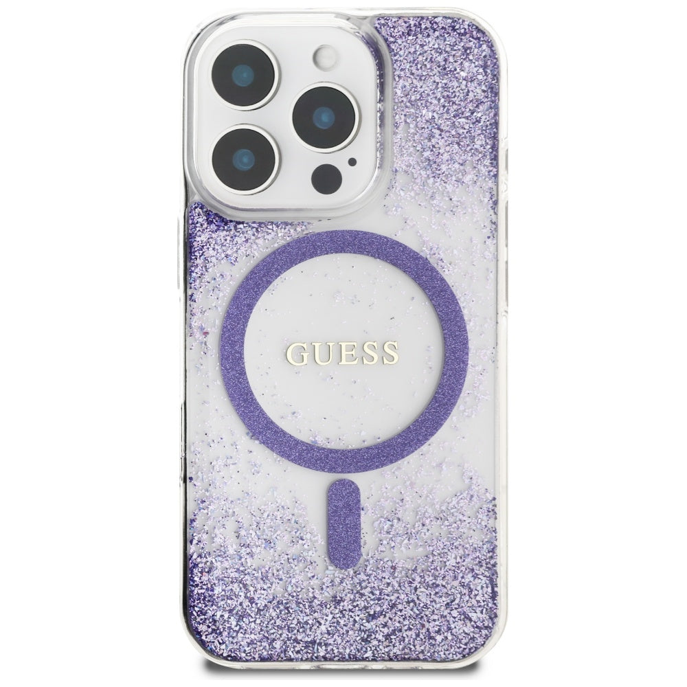 Hoes MagSafe voor Apple iPhone 16 Pro, Guess, Resin Bottom Glitter, Paars