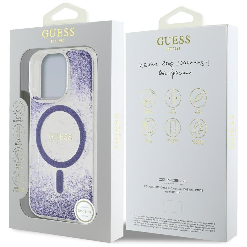 Hoes MagSafe voor Apple iPhone 16 Pro, Guess, Resin Bottom Glitter, Paars