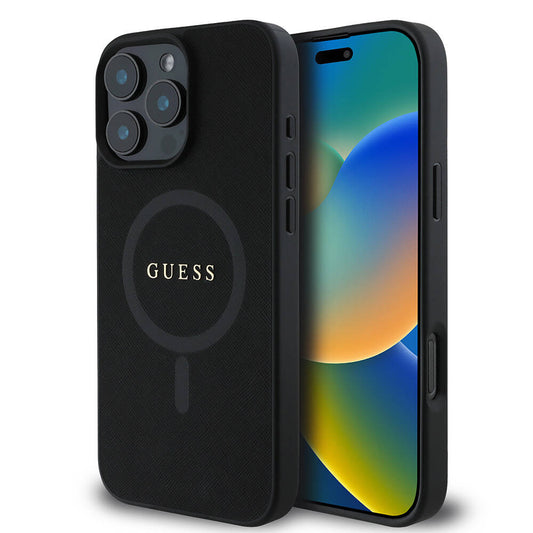 MagSafe hoesje voor Apple iPhone 16 Pro, Guess, Saffiano Classic Logo, Zwart