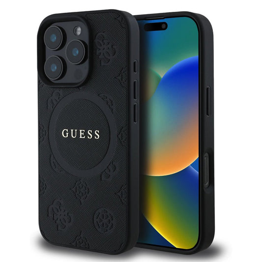 MagSafe hoesje voor Apple iPhone 16 Pro, Guess, Saffiano Peony Classic Logo, Zwart