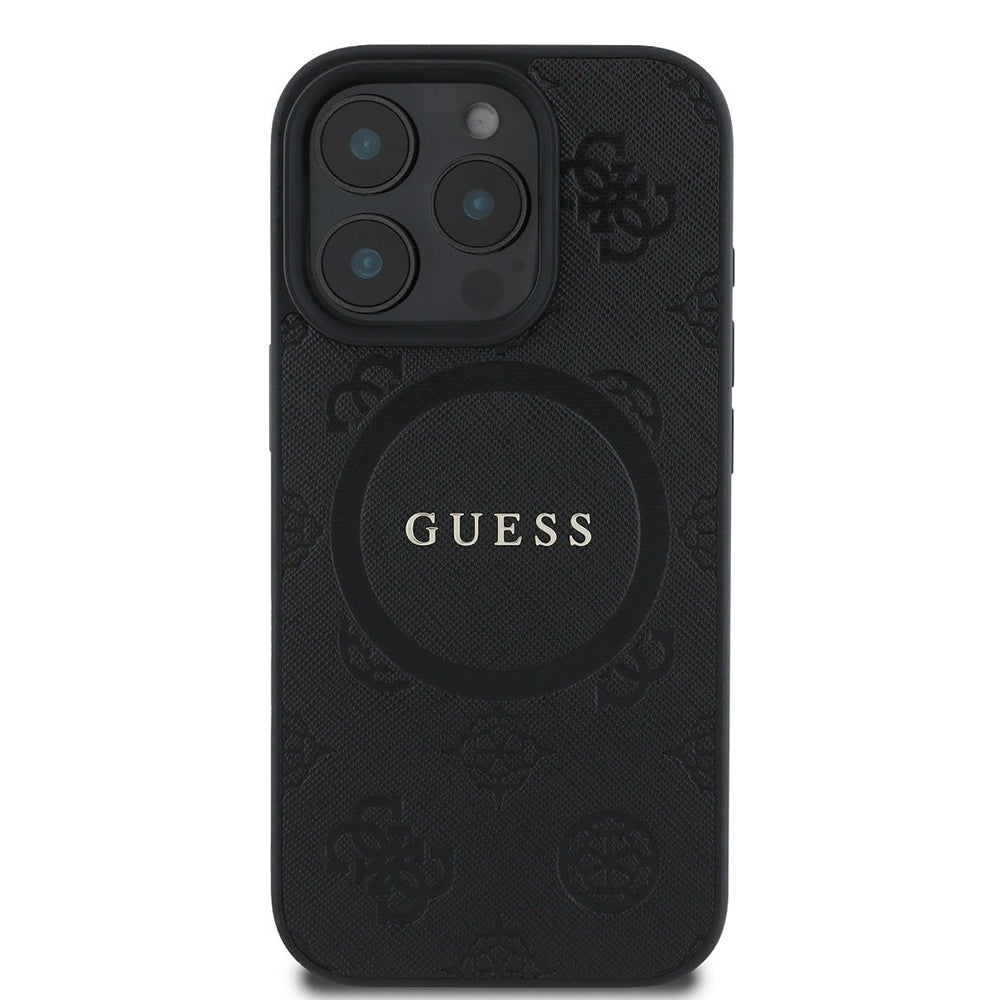 MagSafe hoesje voor Apple iPhone 16 Pro, Guess, Saffiano Peony Classic Logo, Zwart